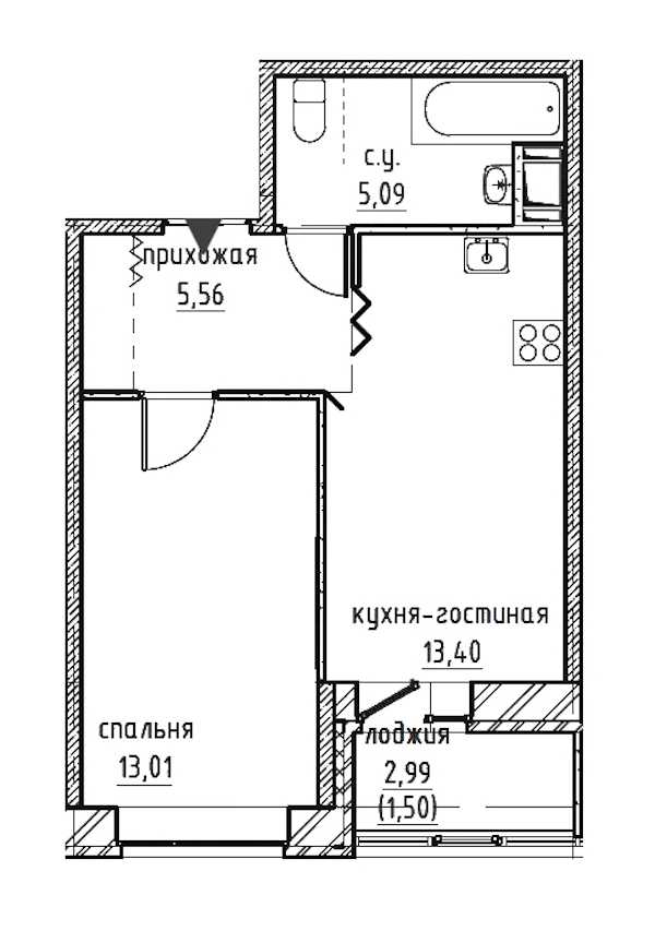 Однокомнатная квартира в : площадь 38.82 м2 , этаж: 2 – купить в Санкт-Петербурге