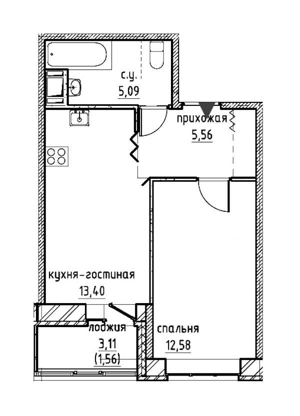 Однокомнатная квартира в : площадь 38.88 м2 , этаж: 2 – купить в Санкт-Петербурге