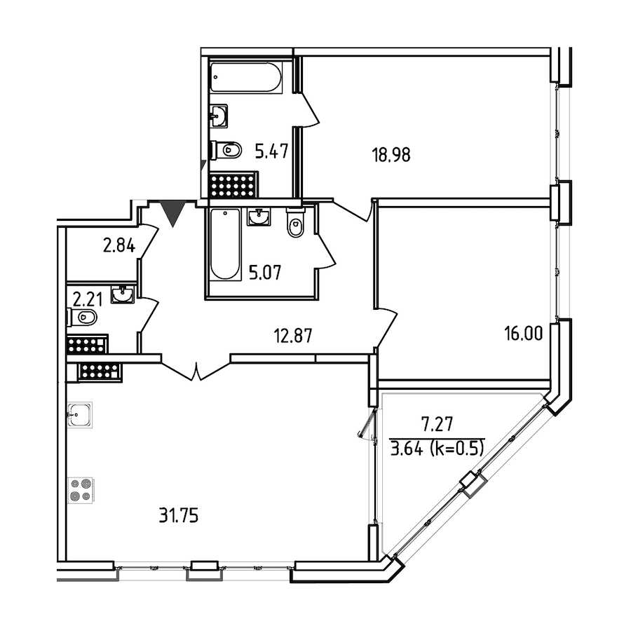 Двухкомнатная квартира в : площадь 98.83 м2 , этаж: 12 – купить в Санкт-Петербурге