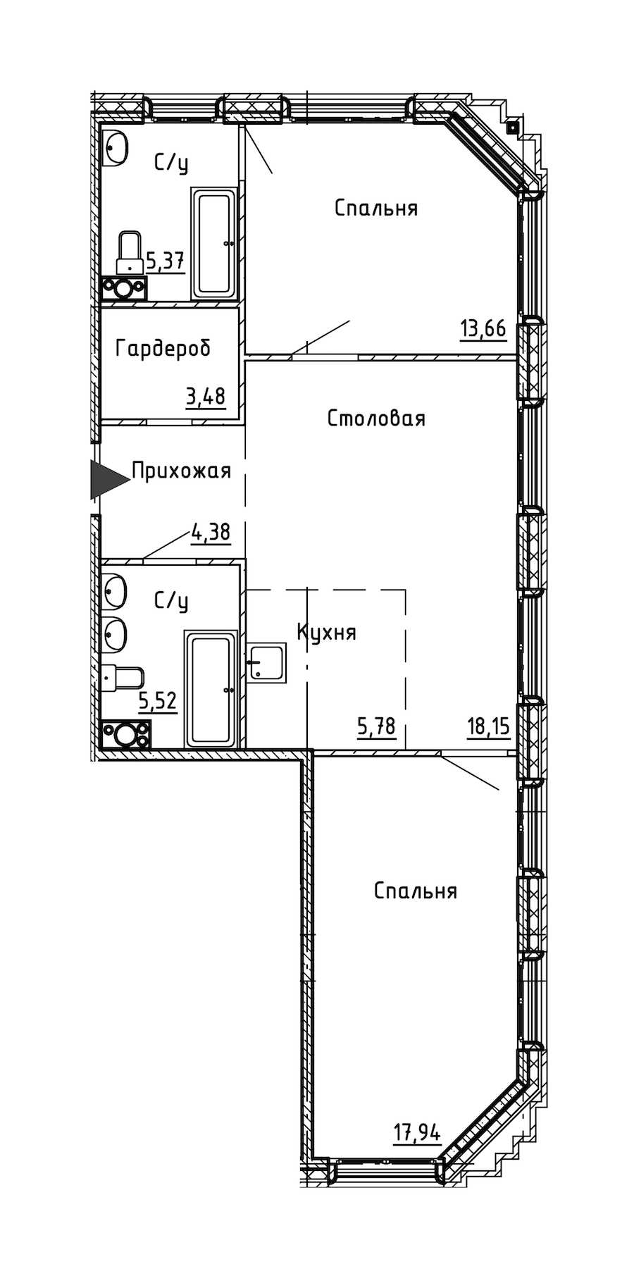 Двухкомнатная квартира в : площадь 74.28 м2 , этаж: 3 – купить в Санкт-Петербурге