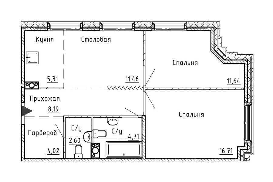 Двухкомнатная квартира в : площадь 64.64 м2 , этаж: 11 – купить в Санкт-Петербурге