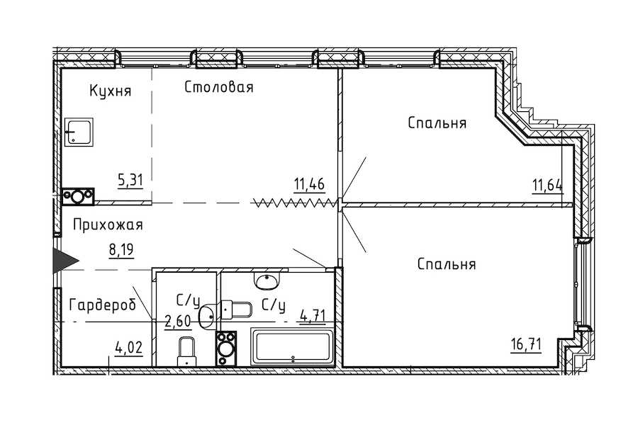 Двухкомнатная квартира в : площадь 64.64 м2 , этаж: 12 – купить в Санкт-Петербурге