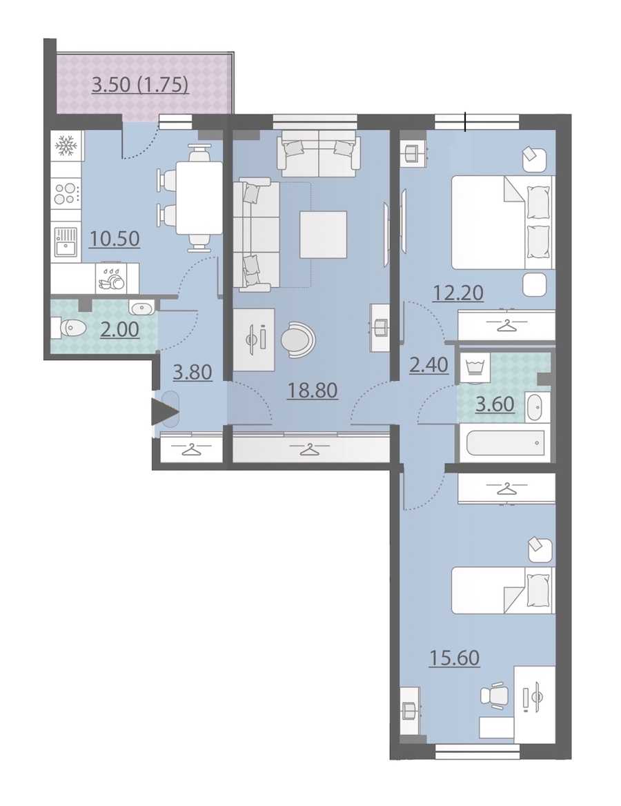 Трехкомнатная квартира в : площадь 74.1 м2 , этаж: 2 – купить в Санкт-Петербурге