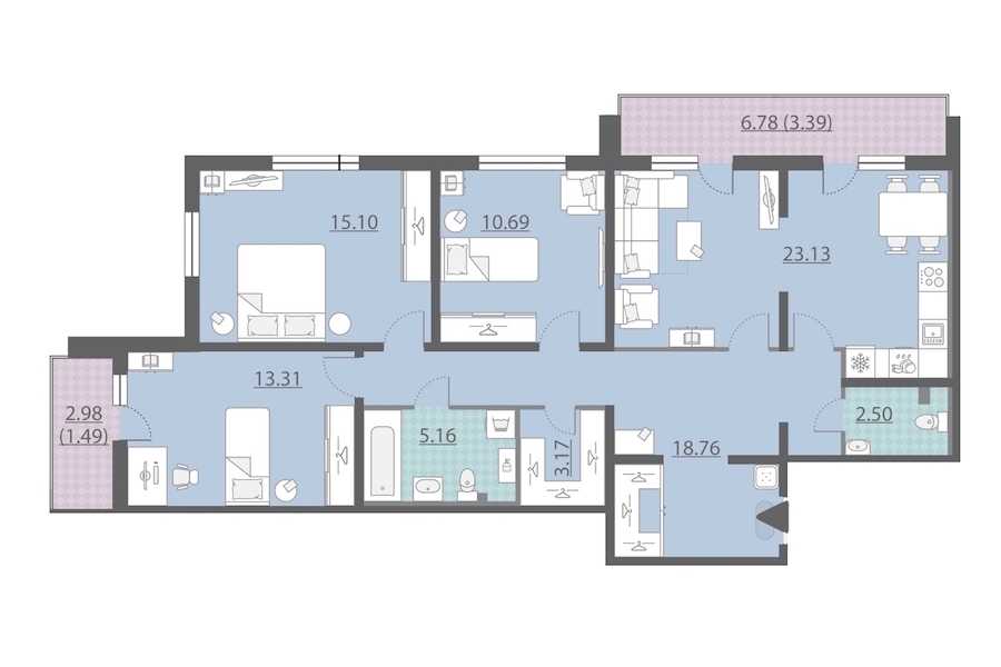 Трехкомнатная квартира в Группа ЛСР: площадь 96.7 м2 , этаж: 2 – купить в Санкт-Петербурге