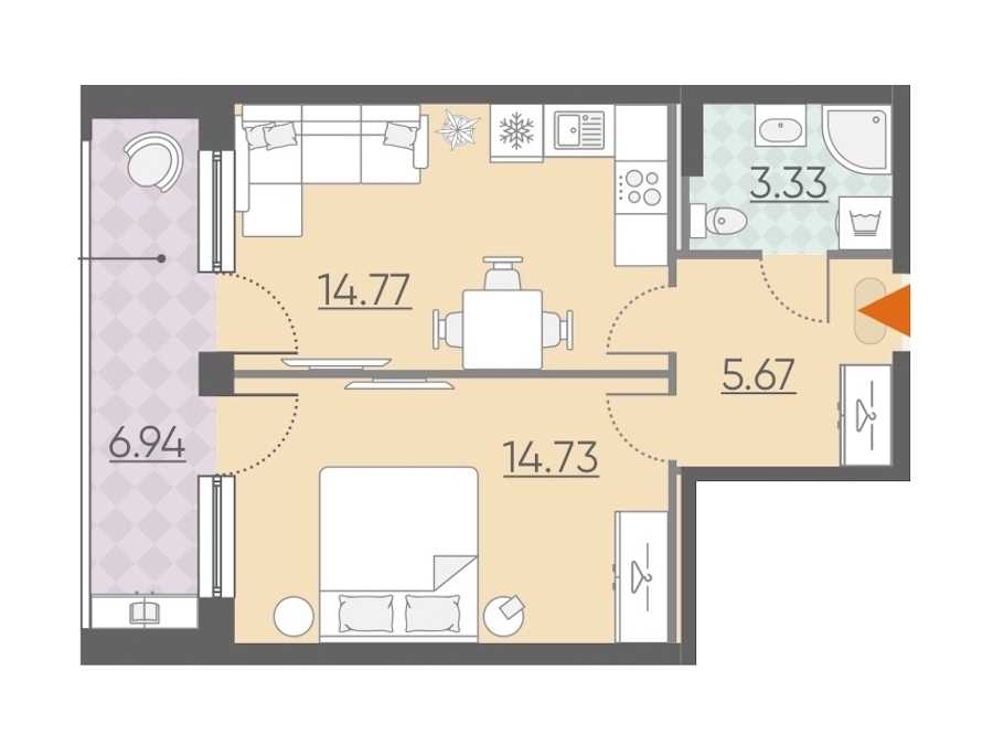 Однокомнатная квартира в : площадь 45.44 м2 , этаж: 2 – купить в Санкт-Петербурге