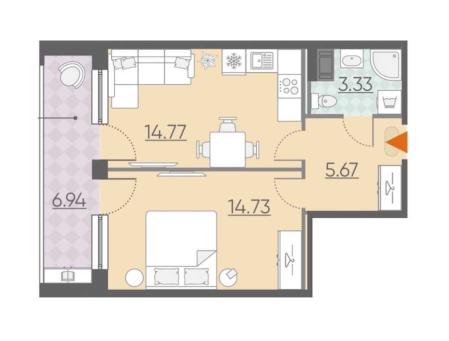 Однокомнатная квартира в : площадь 45.44 м2 , этаж: 4 – купить в Санкт-Петербурге