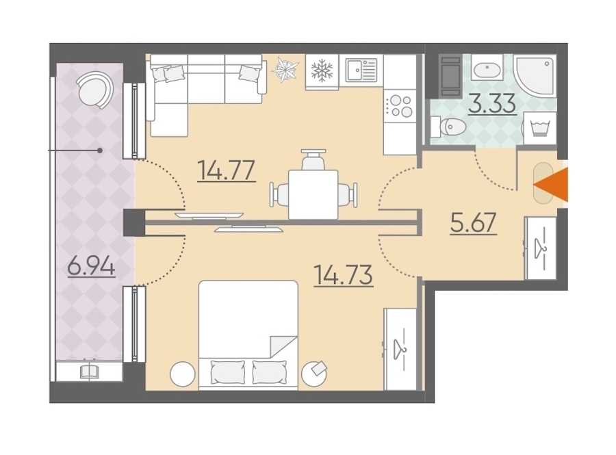 Однокомнатная квартира в : площадь 45.44 м2 , этаж: 6 – купить в Санкт-Петербурге