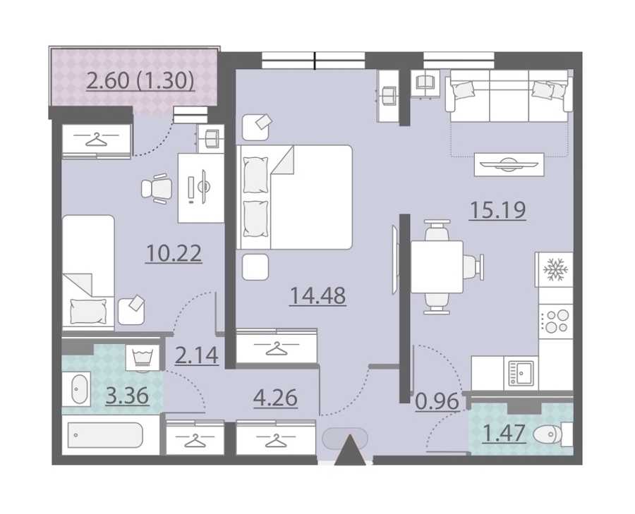 Двухкомнатная квартира в : площадь 53.38 м2 , этаж: 2 – купить в Санкт-Петербурге