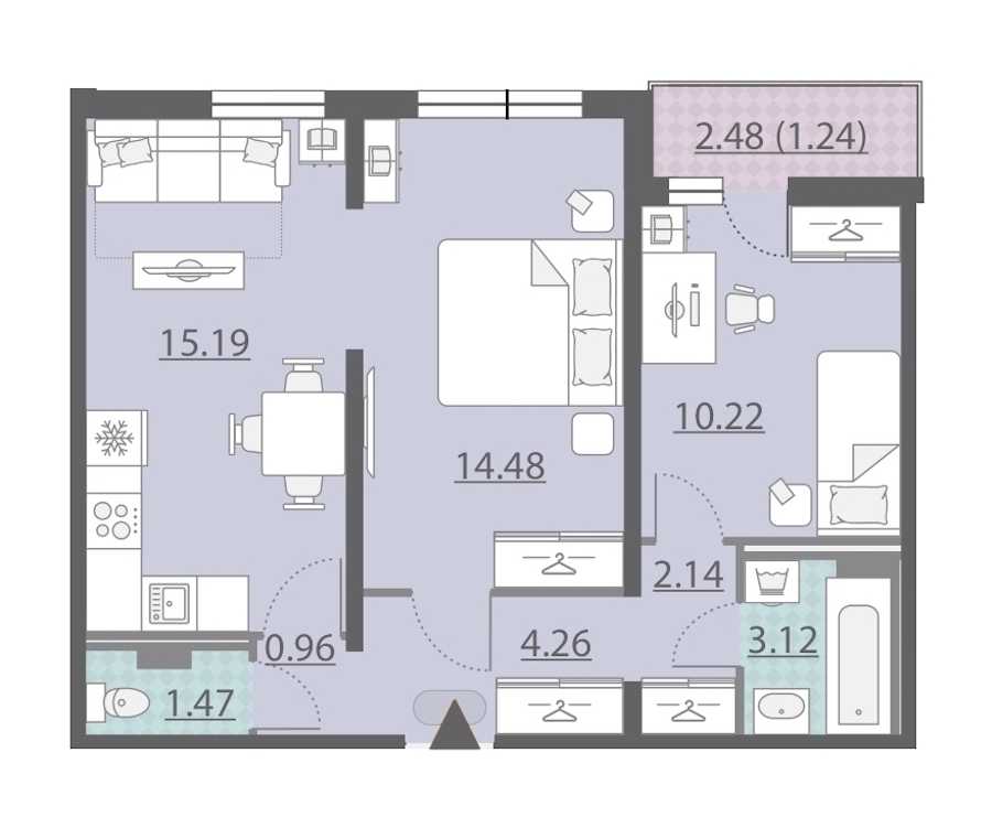 Двухкомнатная квартира в : площадь 53.08 м2 , этаж: 2 – купить в Санкт-Петербурге