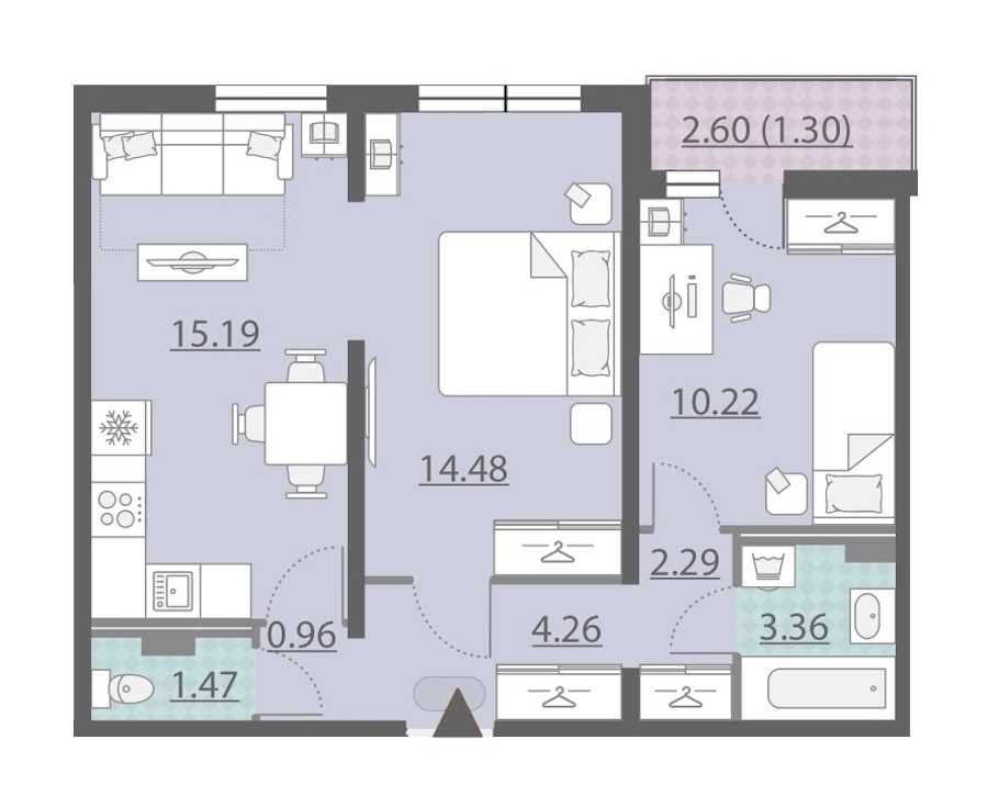 Двухкомнатная квартира в : площадь 53.53 м2 , этаж: 2 – купить в Санкт-Петербурге