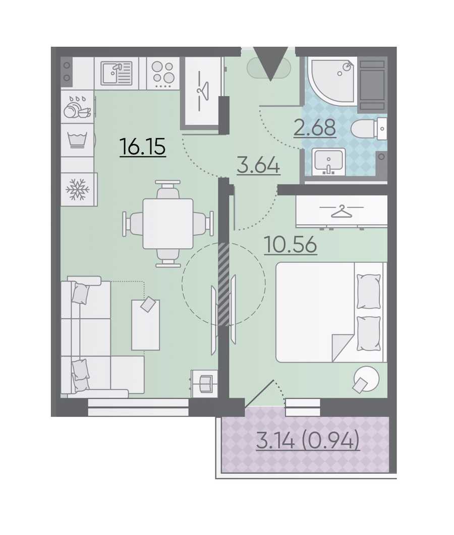 Однокомнатная квартира в : площадь 33.97 м2 , этаж: 2 – купить в Санкт-Петербурге