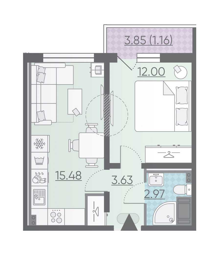 Однокомнатная квартира в : площадь 35.24 м2 , этаж: 2 – купить в Санкт-Петербурге