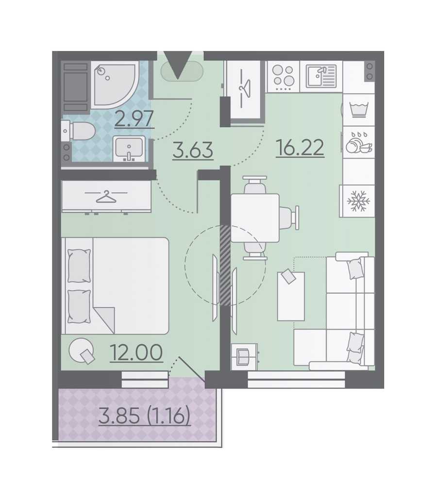 Однокомнатная квартира в : площадь 35.98 м2 , этаж: 2 – купить в Санкт-Петербурге
