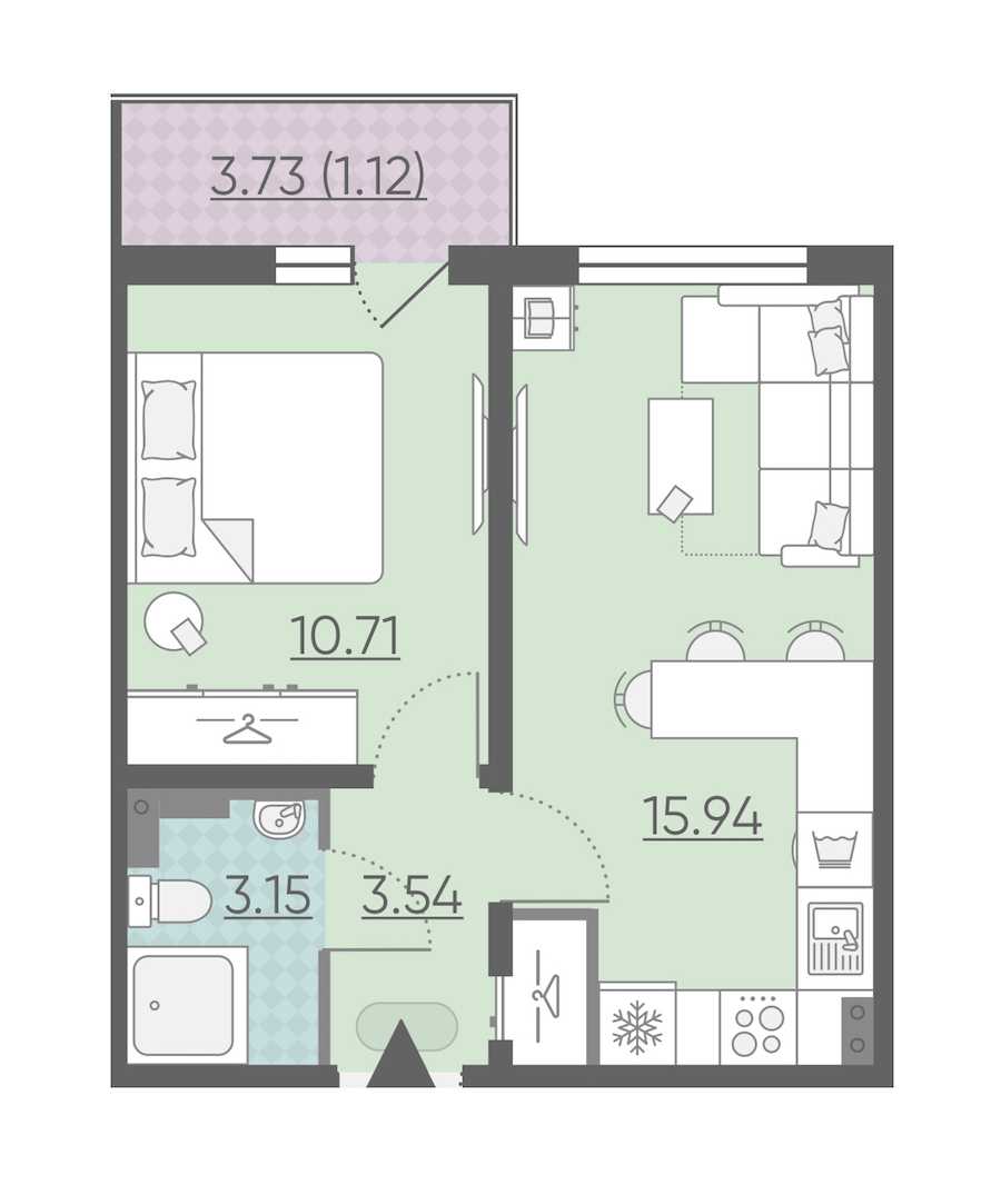 Однокомнатная квартира в : площадь 34.46 м2 , этаж: 2 – купить в Санкт-Петербурге