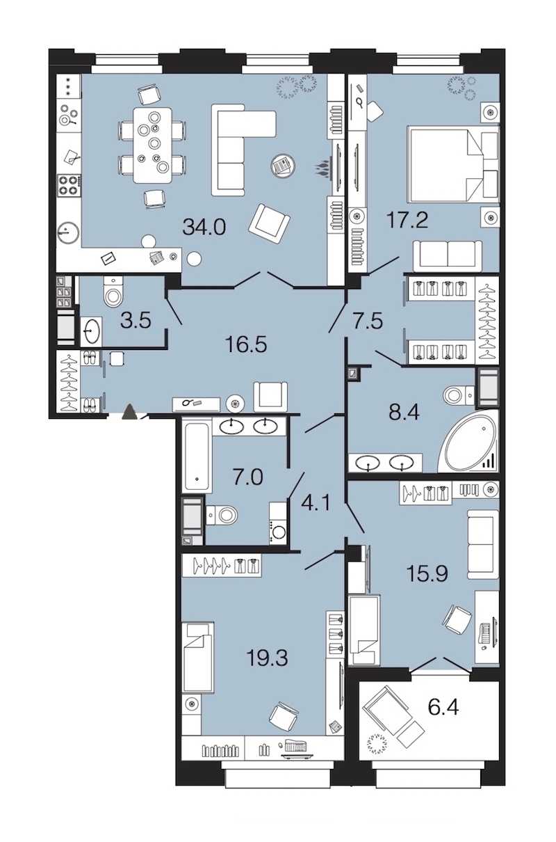 Трехкомнатная квартира в : площадь 133.4 м2 , этаж: 7 – купить в Санкт-Петербурге