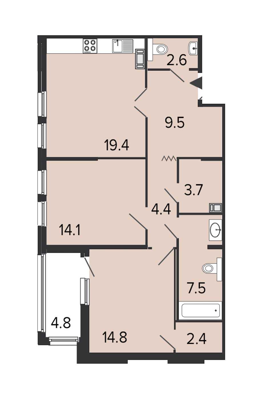 Двухкомнатная квартира в : площадь 78.4 м2 , этаж: 7 – купить в Санкт-Петербурге