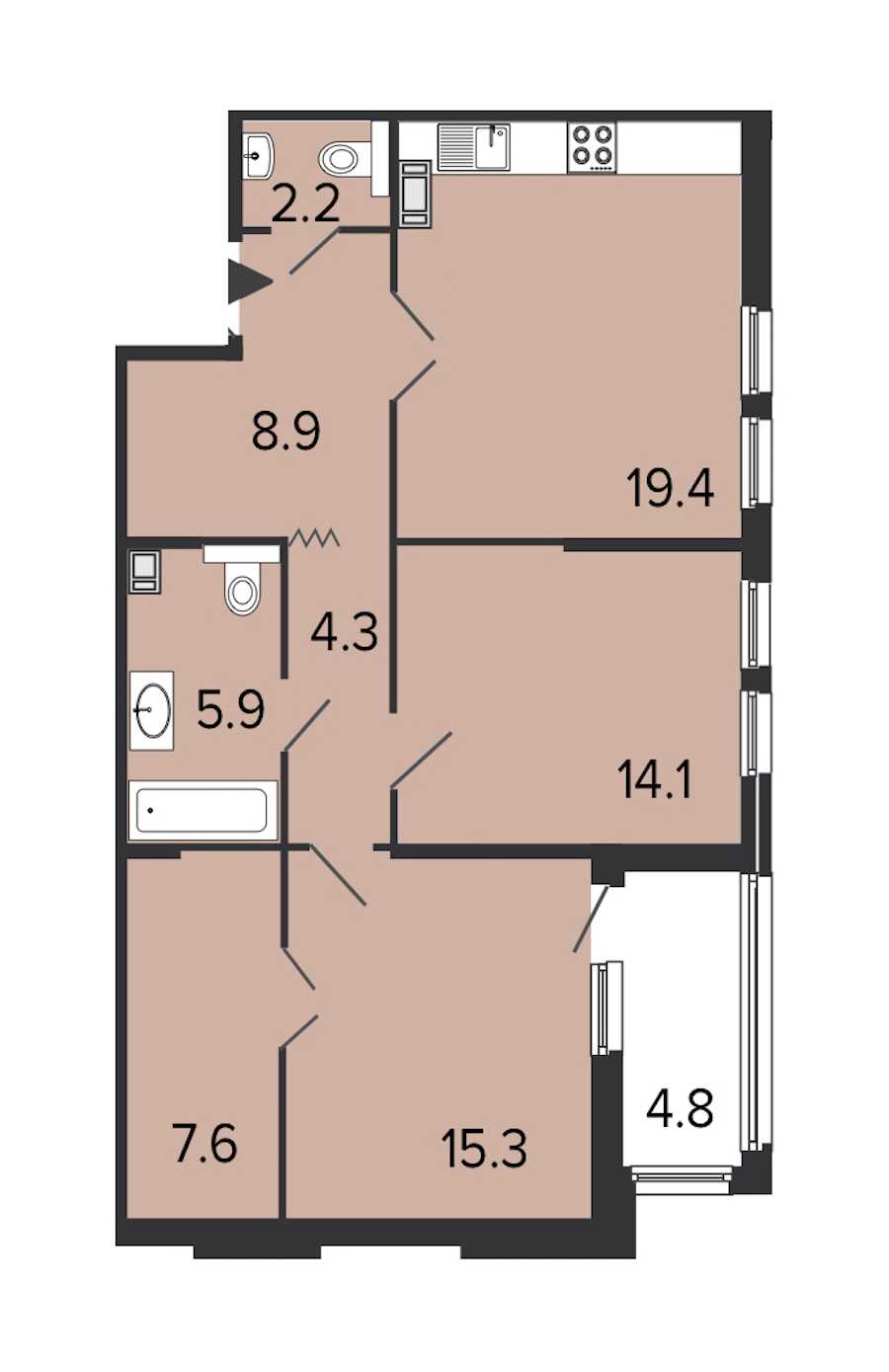 Двухкомнатная квартира в : площадь 77.7 м2 , этаж: 7 – купить в Санкт-Петербурге