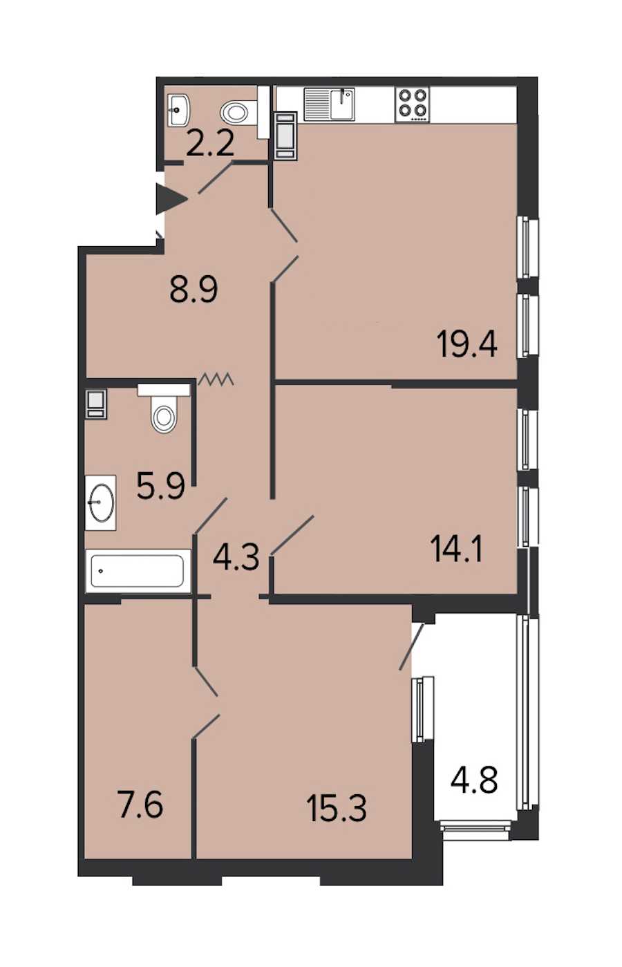 Двухкомнатная квартира в : площадь 77.7 м2 , этаж: 8 – купить в Санкт-Петербурге
