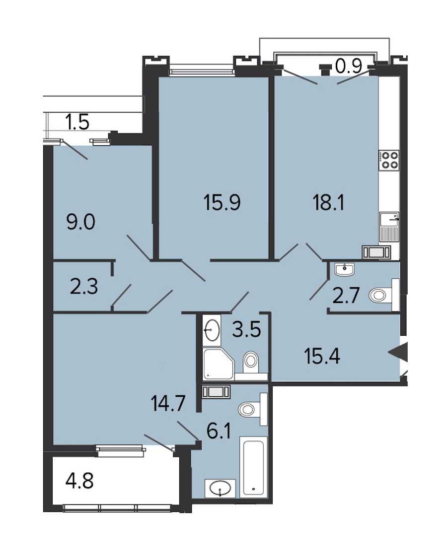 Трехкомнатная квартира в : площадь 87.7 м2 , этаж: 7 – купить в Санкт-Петербурге